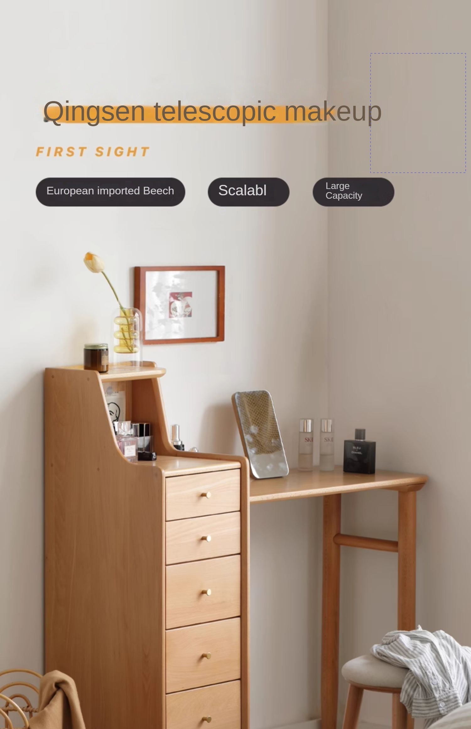 European Beech Solid Wood Telescopic Dressing Table.
