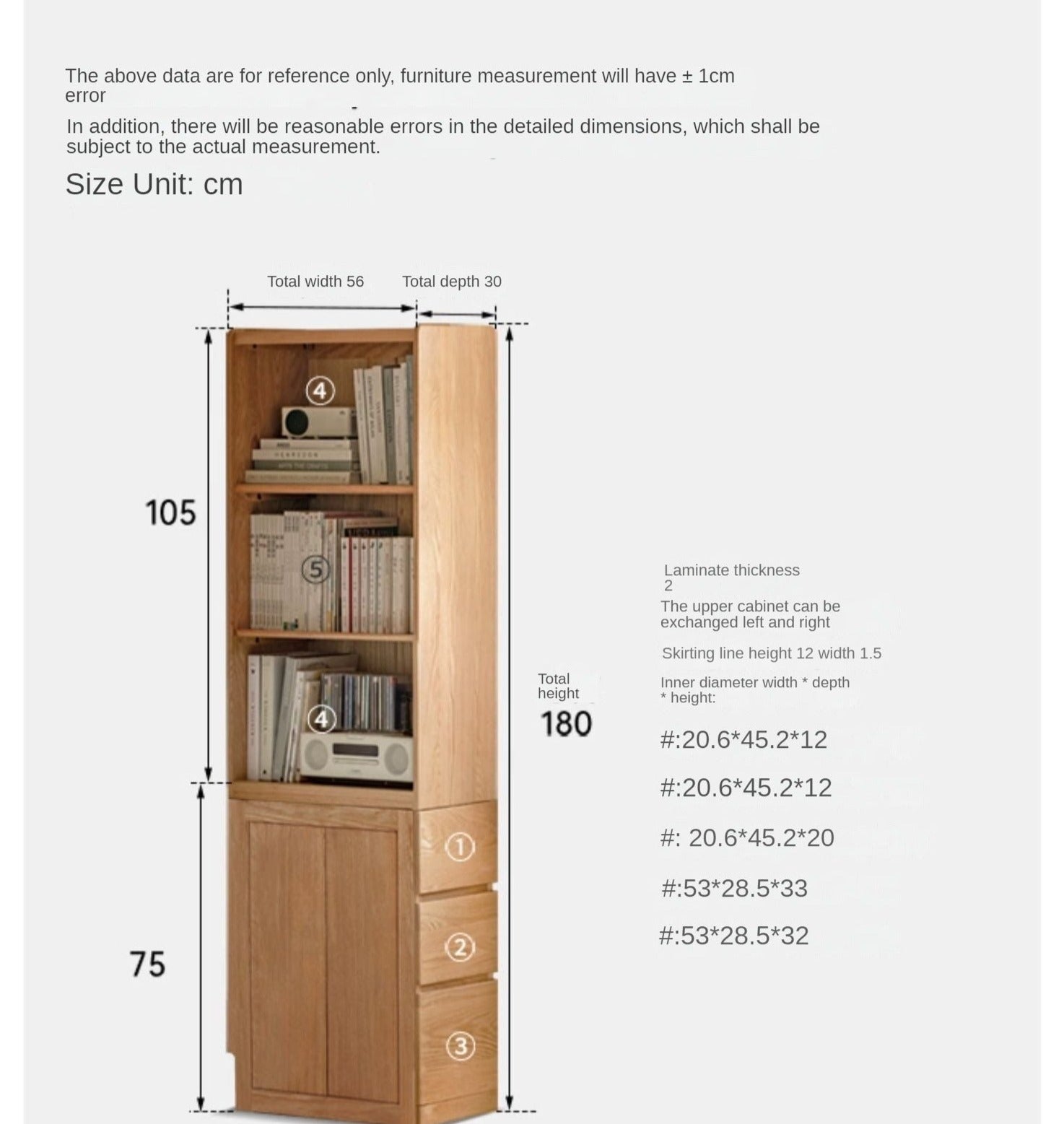 Rubberwood, Oak Solid Wood Bookcase, Floor-Standing Storage Cabinet