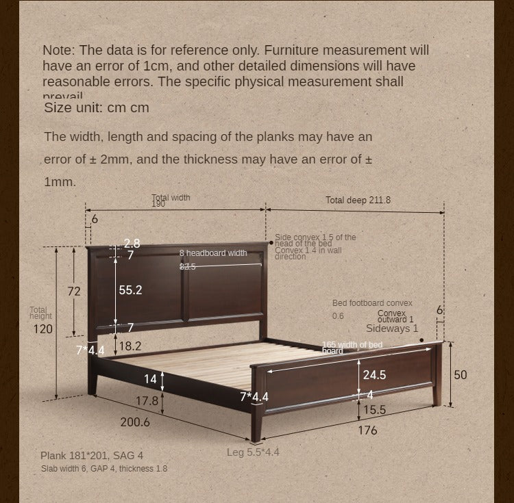 Poplar Solid Wood Bed Modern American Retro High Back Bed