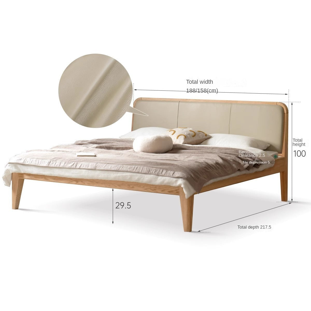 Oak Solid Wood Bed Modern Genuine Leather,Technology Cloth, Fabric