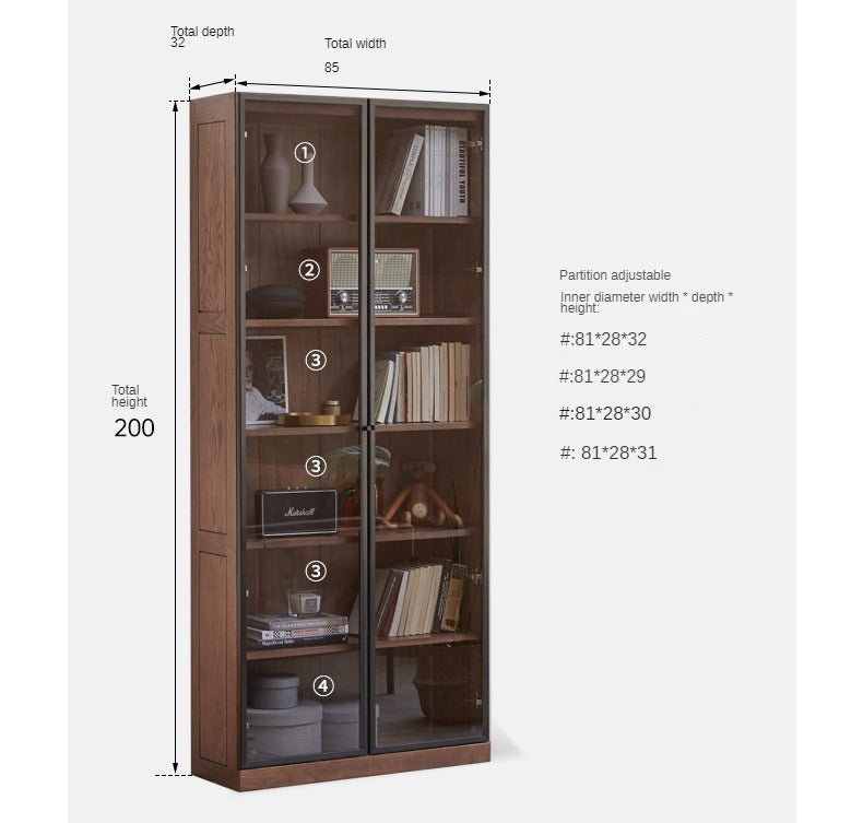 Solid Rubberwood, Oak Solid Wood Bookcase Modern With Glass Door