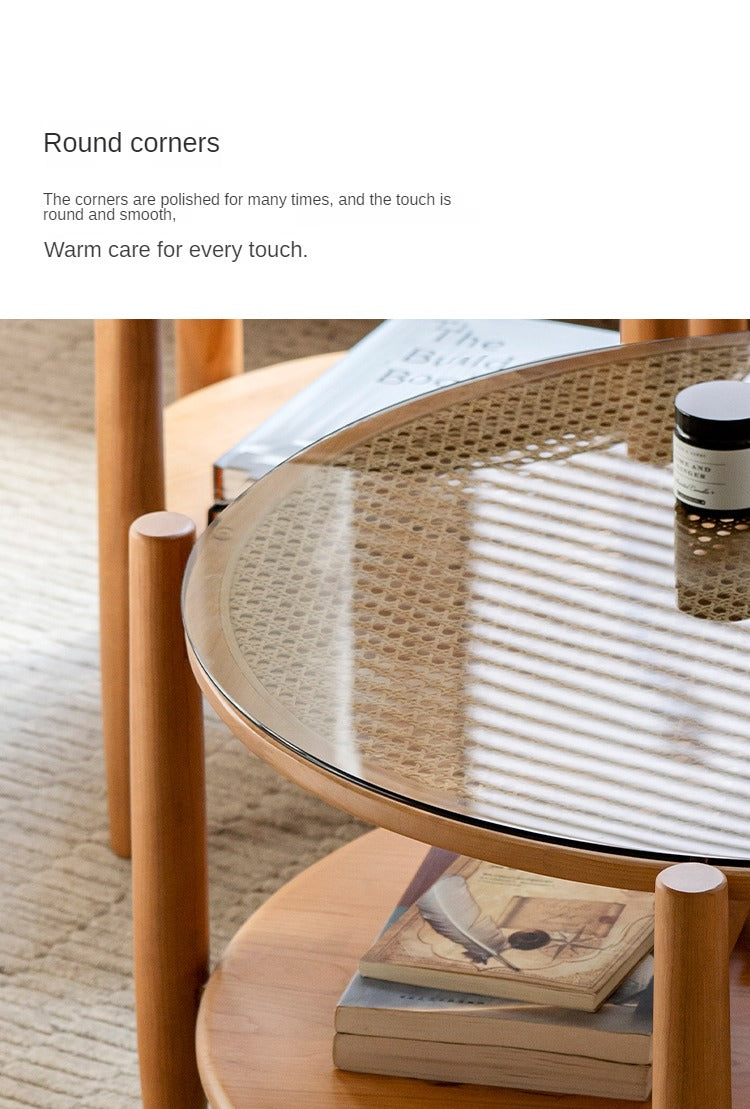 Cherry Wood Rattan Vine Weaving Glass Retro Coffee Table Combination