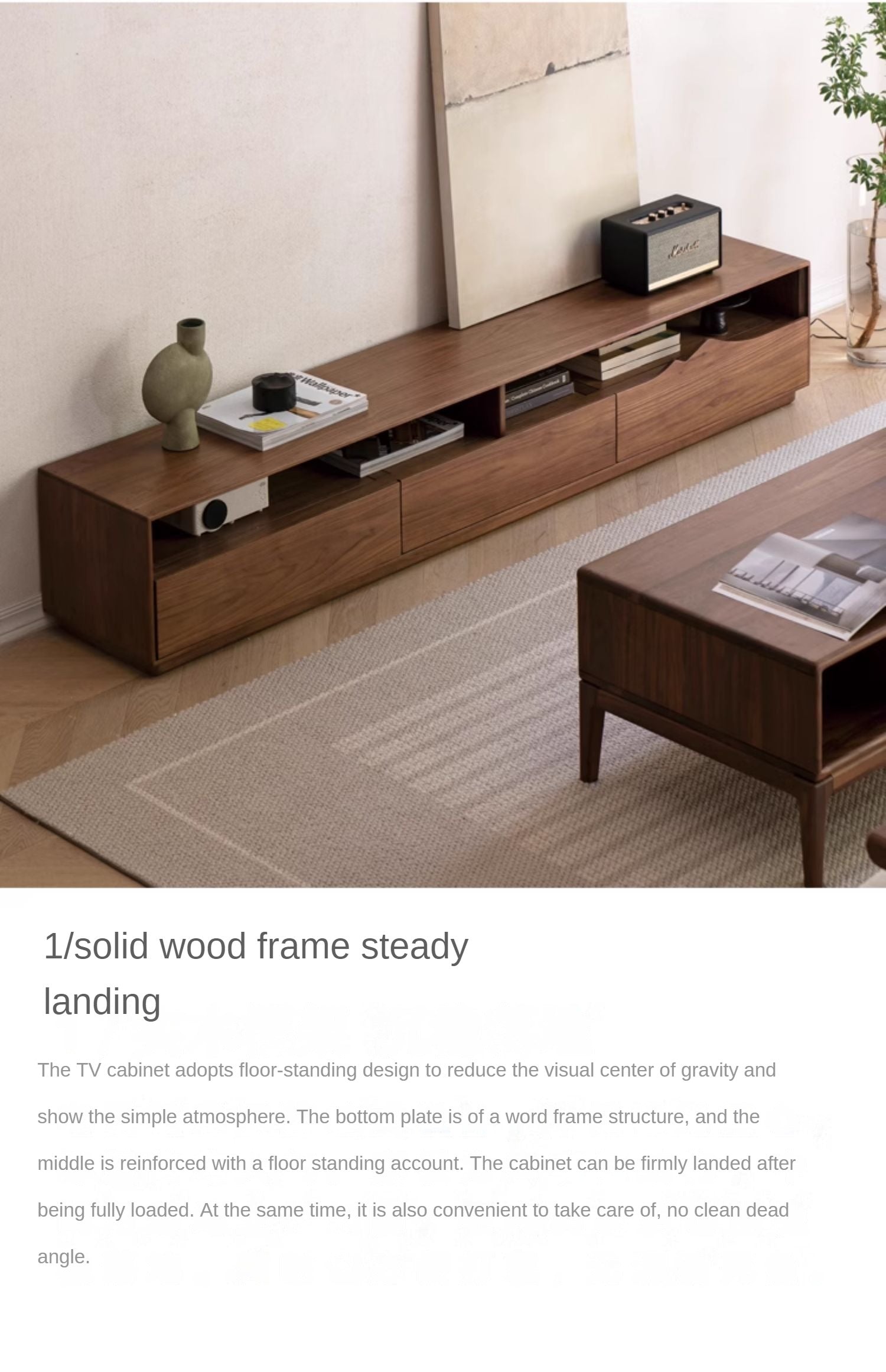 Black Walnut, Ash Solid Wood Large Capacity Floor TV Table.