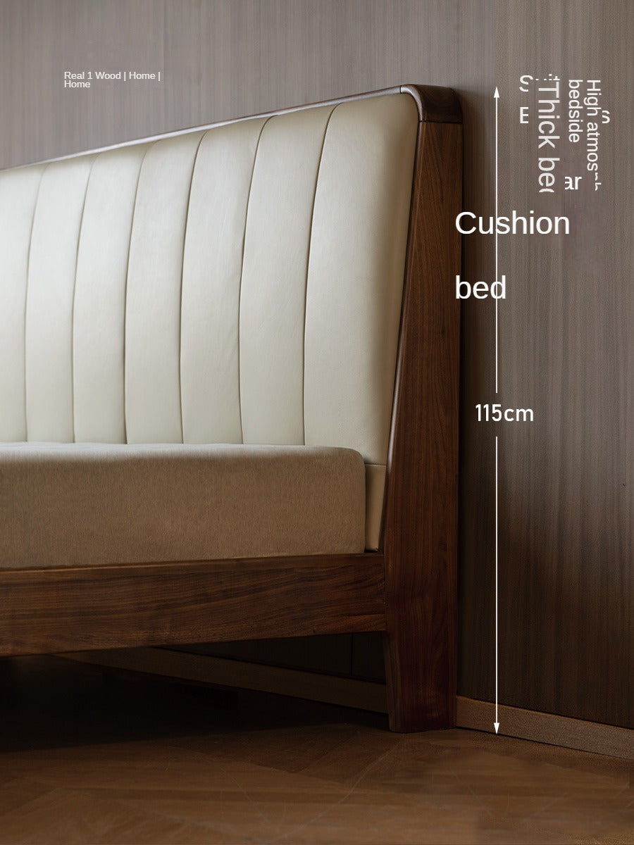 Teak, Black Walnut Solid Wood Bed Leather Soft Bed with Socket