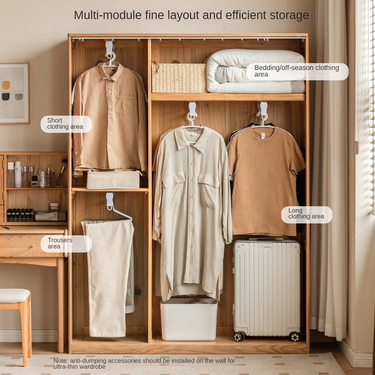 Solid RubberWood, Oak Solid Wood Wardrobe Thin Cloth Curtain.