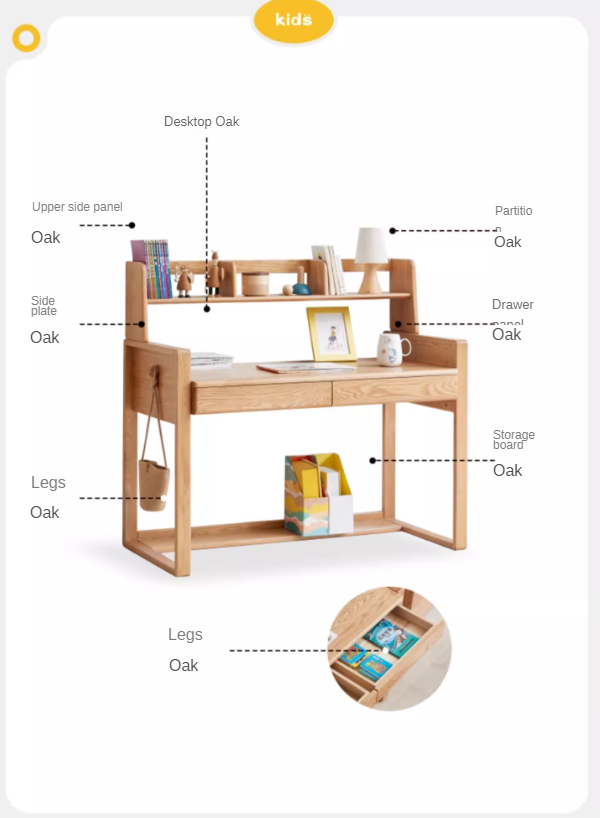 Oak Children's Modern Study Table Can Be Raised and Lowered