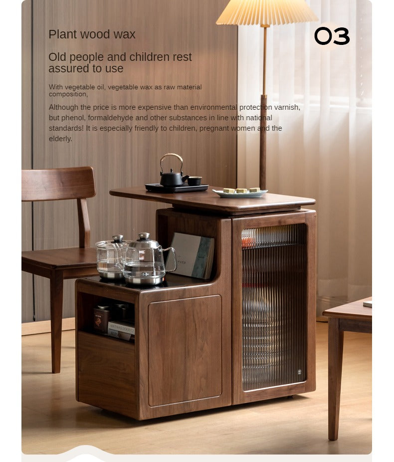 Black Walnut, Oak Solid Wood Movable Tea Cabinet With Tea Maker