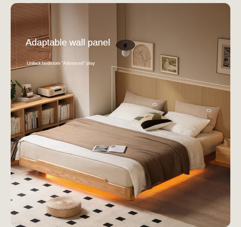 Oak, Beech Solid Wood Modern Platform Bed, Headboard-Free Suspended Bed with Light