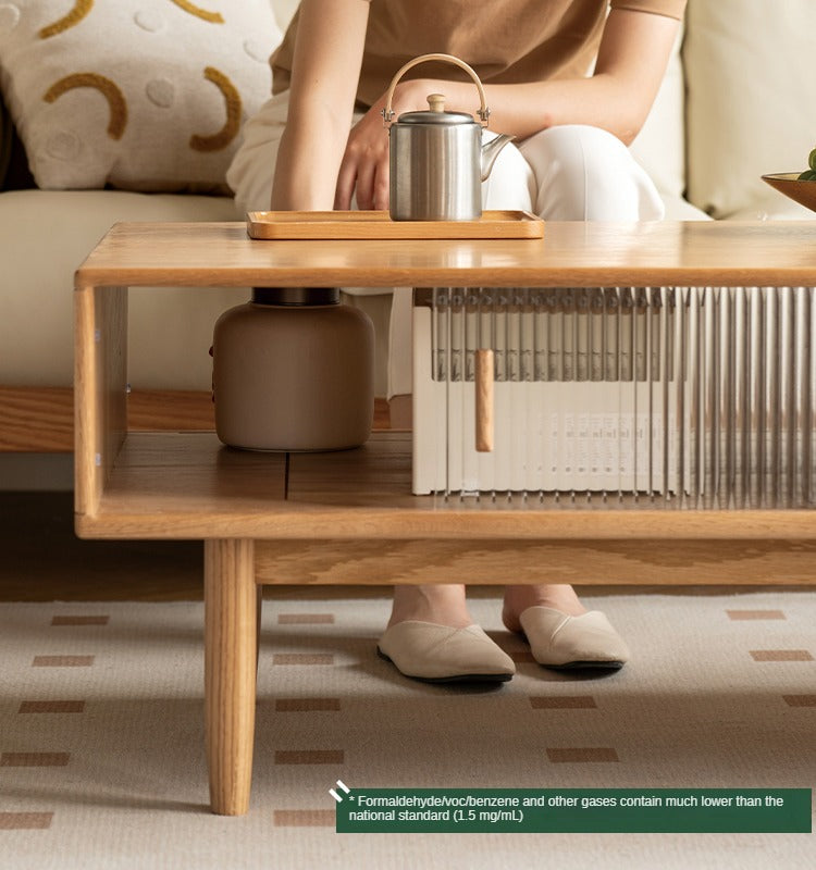 Oak, Beech, Solid Rubberwood Glass Doors Coffee Table