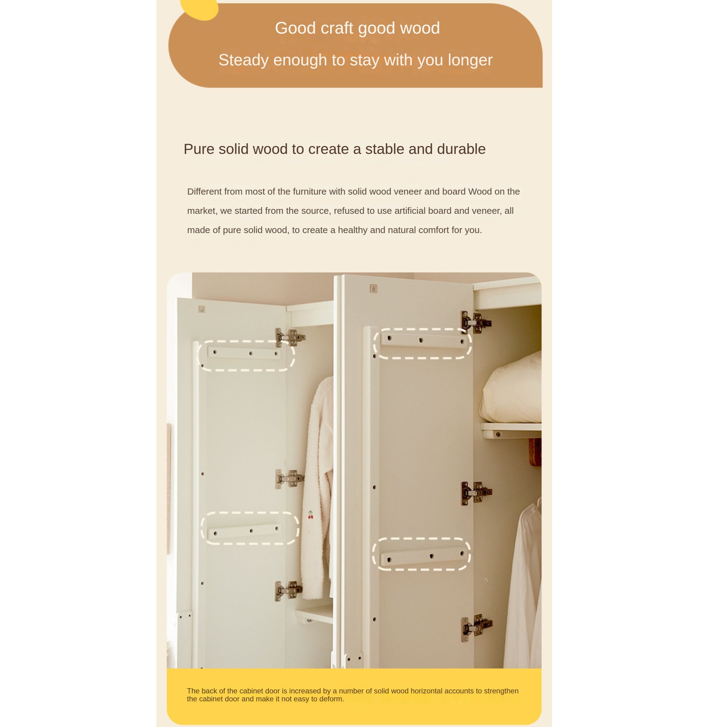 Solid Rubberwood Cream Style Nordic Wardrobe.