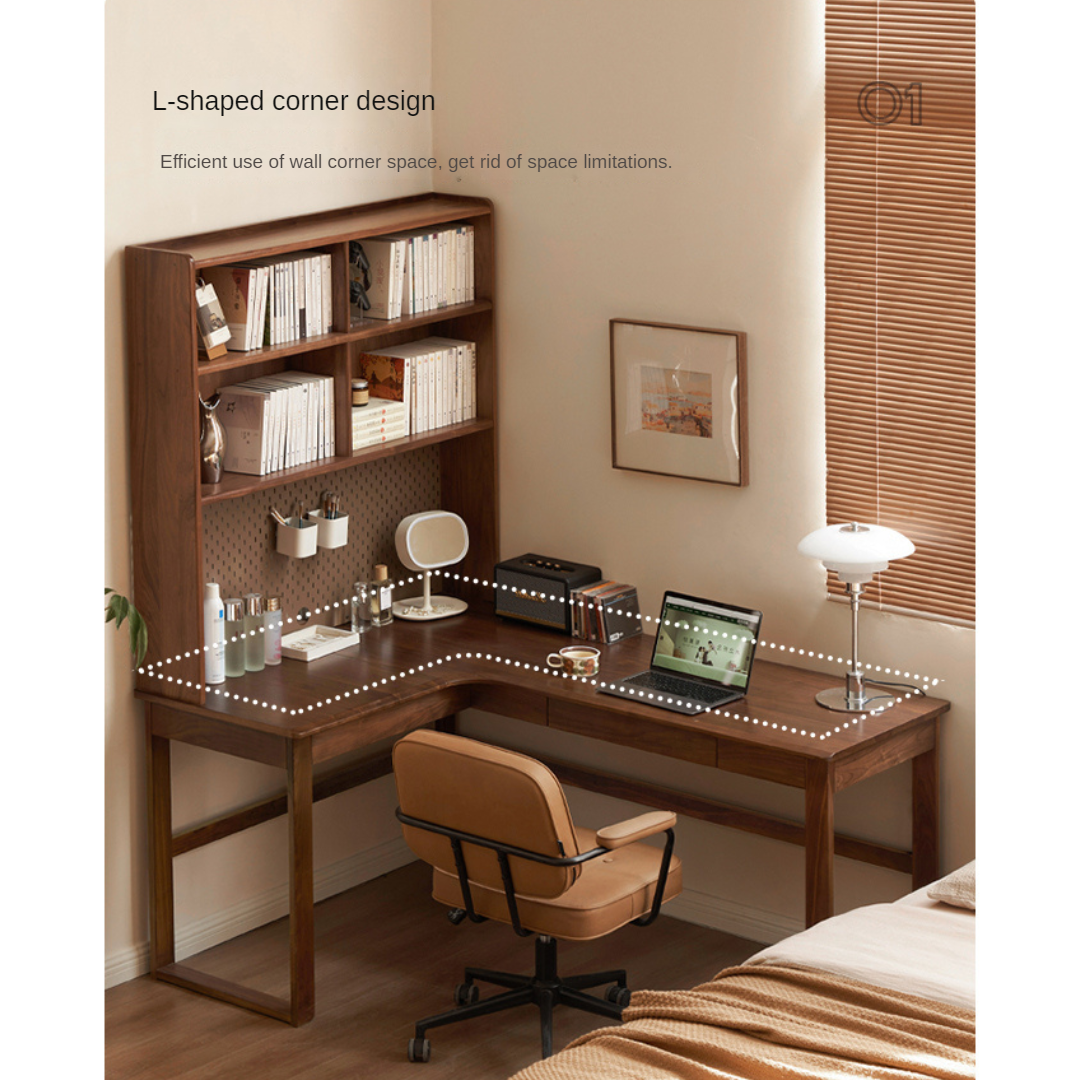 Oak Solid Wood Corner Desk Bookshelf
