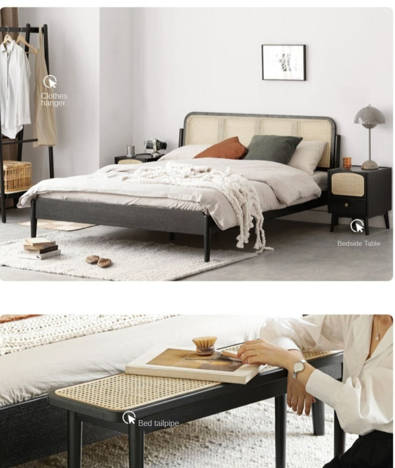 Oak Solid Wood Black Rattan bed