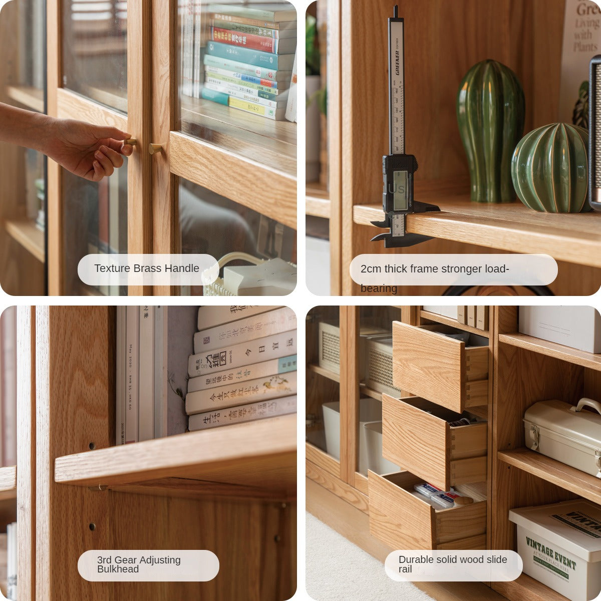 Oak, Solid Rubberwood Modern Bookcase Storage