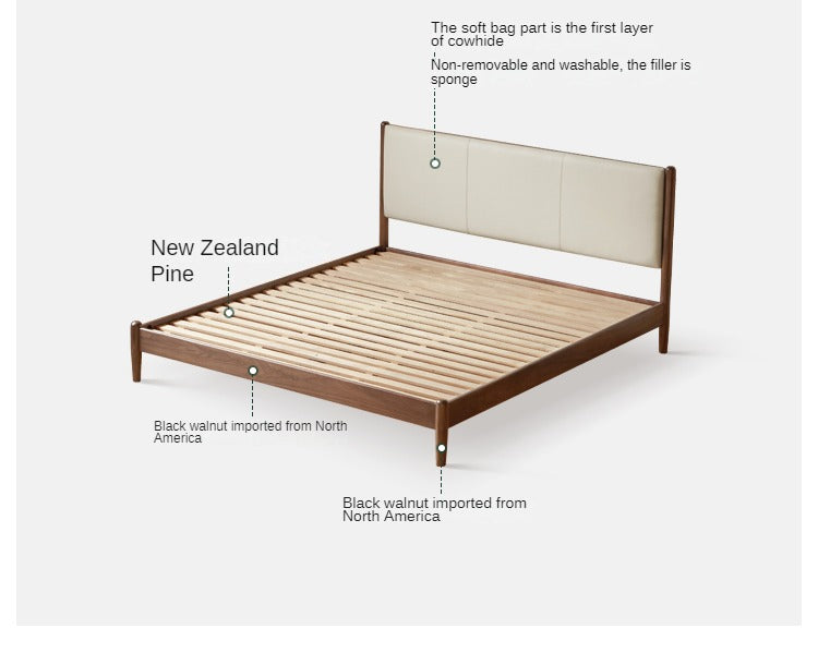 Oak,Black Walnut Solid Wood Top-Grain Cowhide Leather Bed