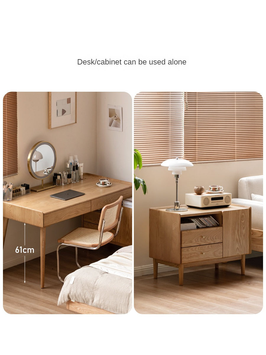 Ash Solid Wood Retractable Desk with Cabinet, Home Office