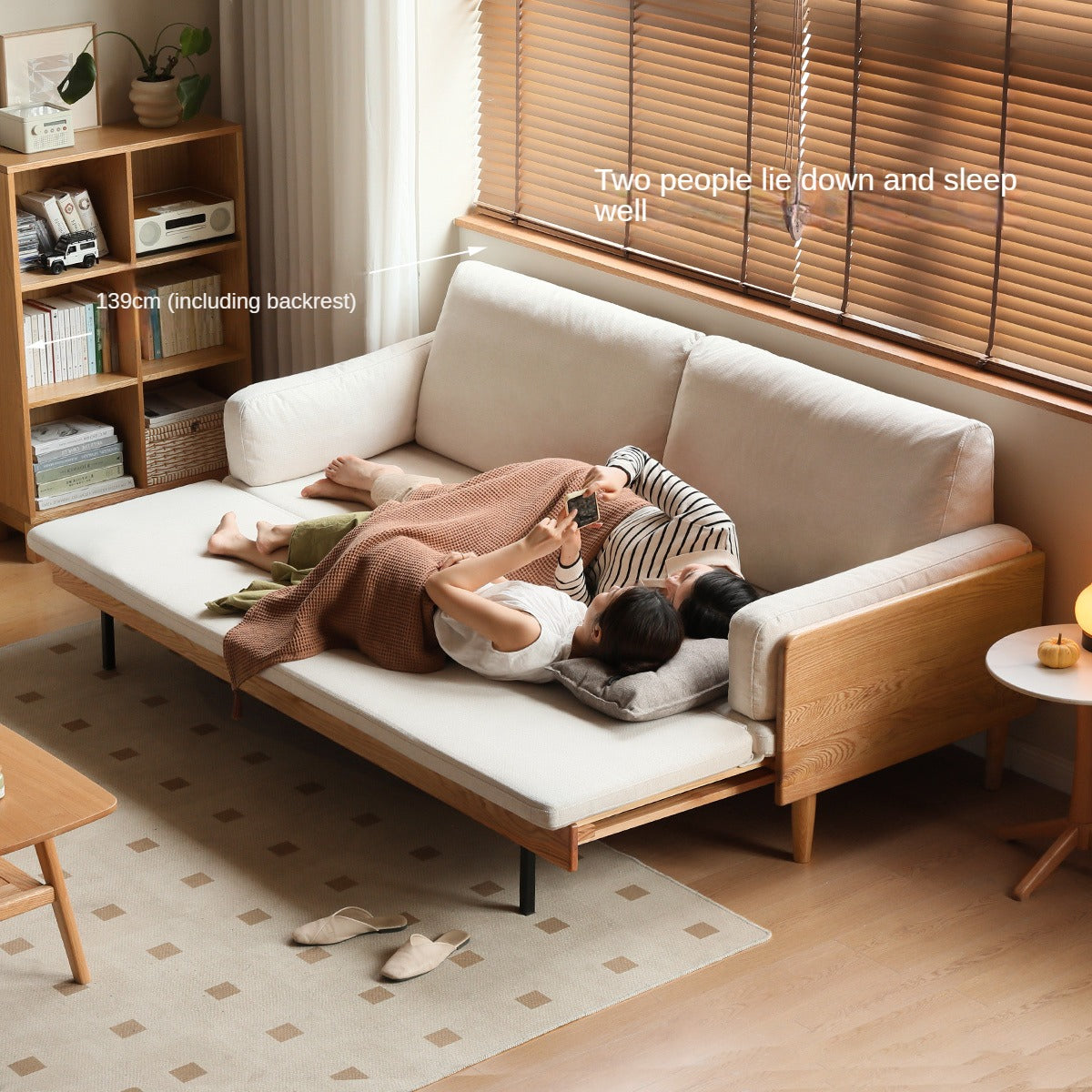 Oak Solid Wood Sofa Bed Folding White Goose Feather Cushions.