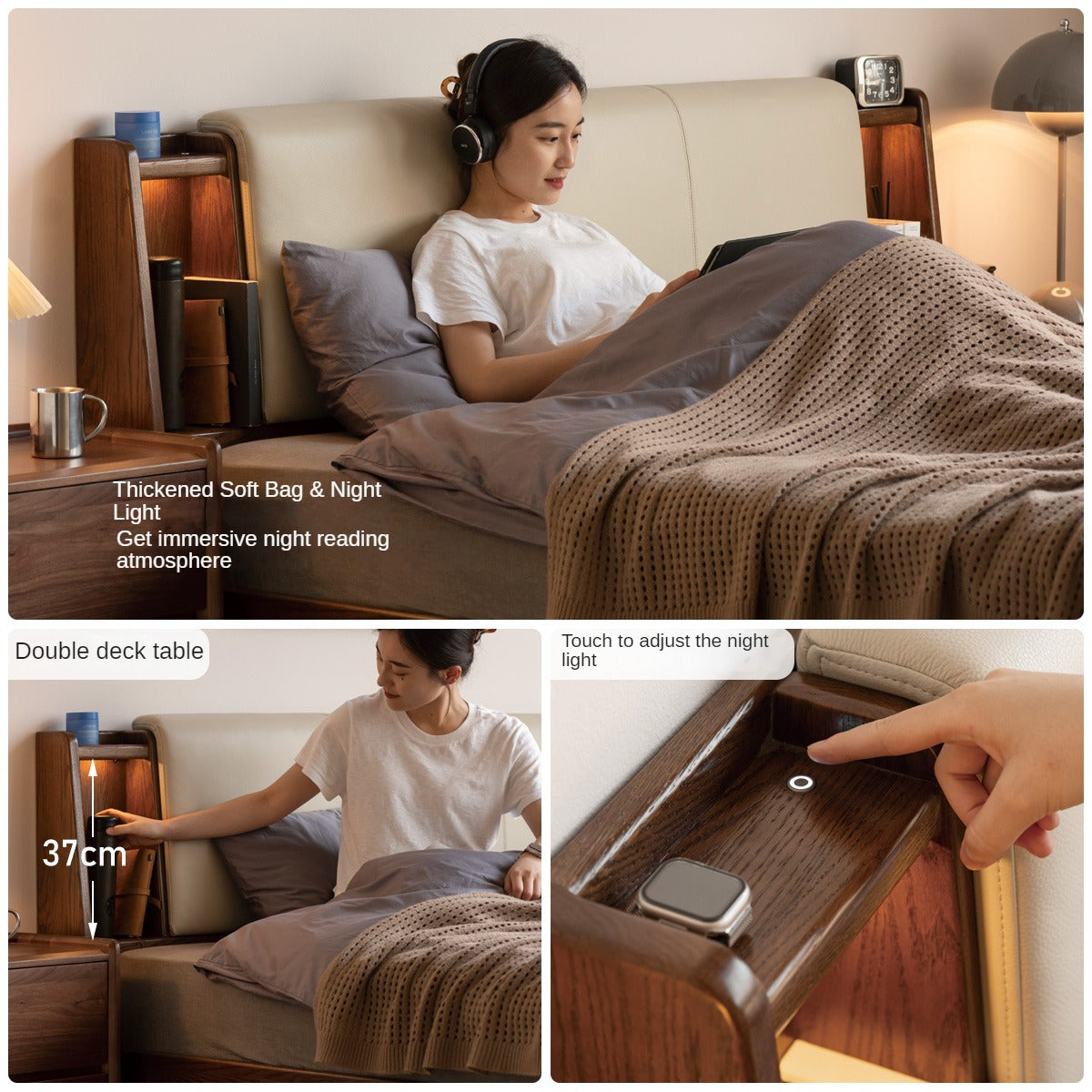 Oak Solid Wood Fabric Leather Soft Bed with Light