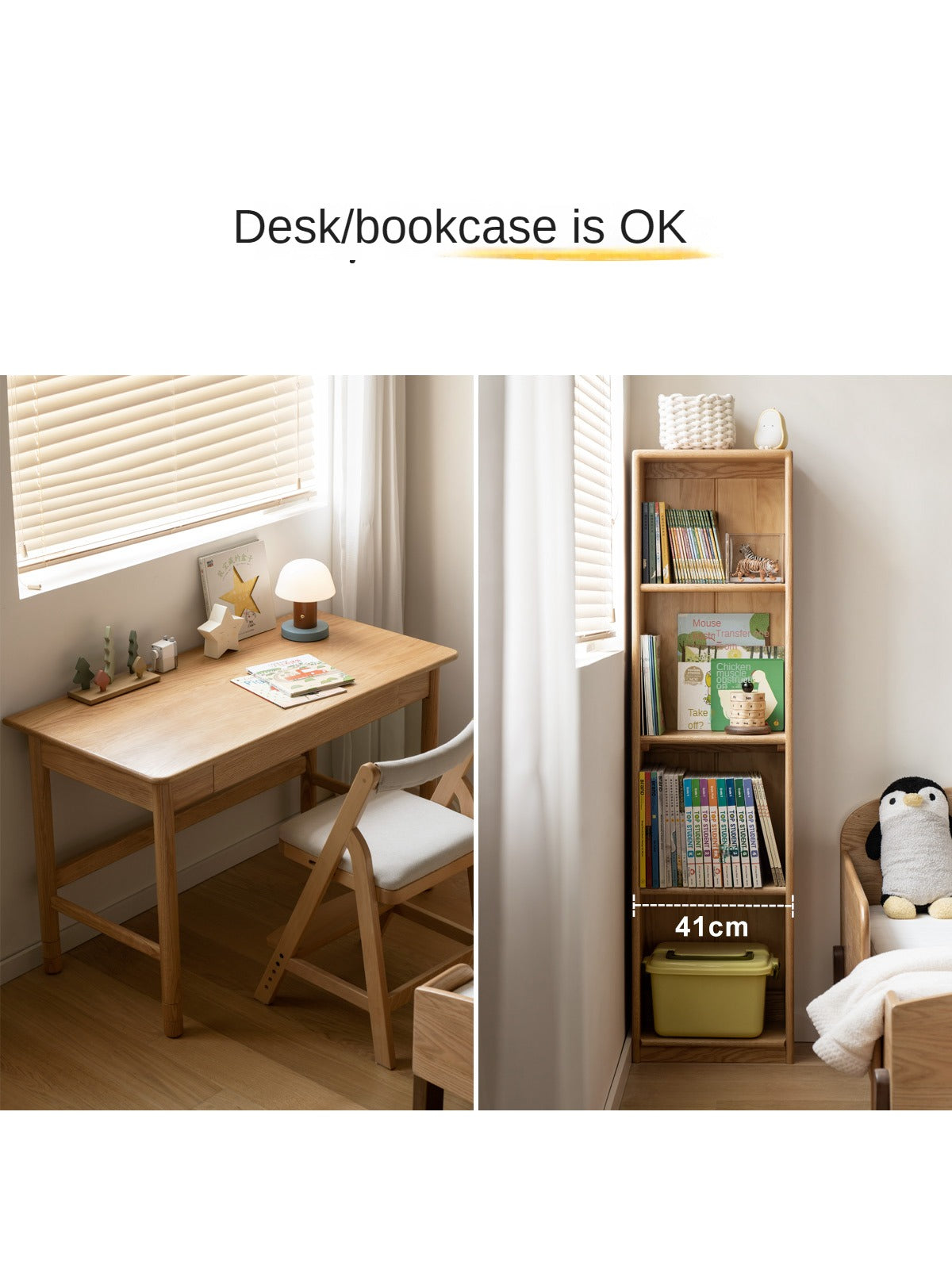 Oak Solid Wood Kids Lifting Study Desk Bookshelf