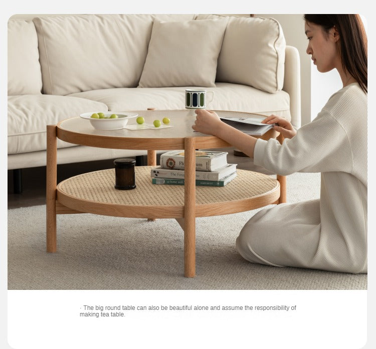 Oak Solid Wood, Glass, Rattan Coffee Table