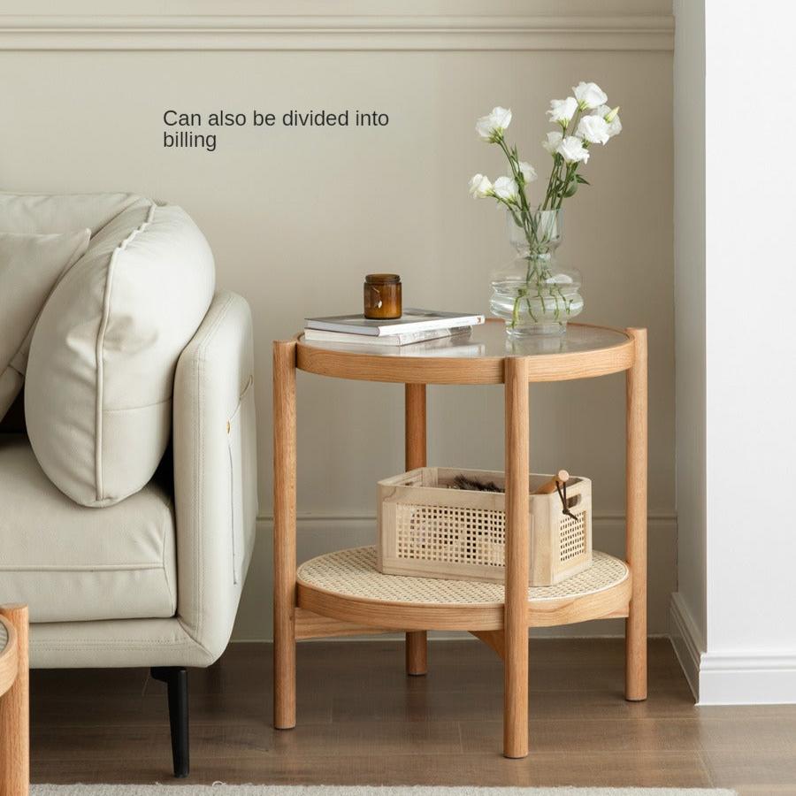Oak Solid Wood, Glass, Rattan Coffee Table