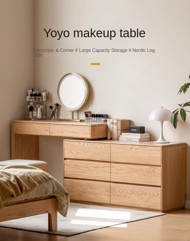 Oak, Ash Solid Wood Retractable Vanity Table Storage Cabinet.