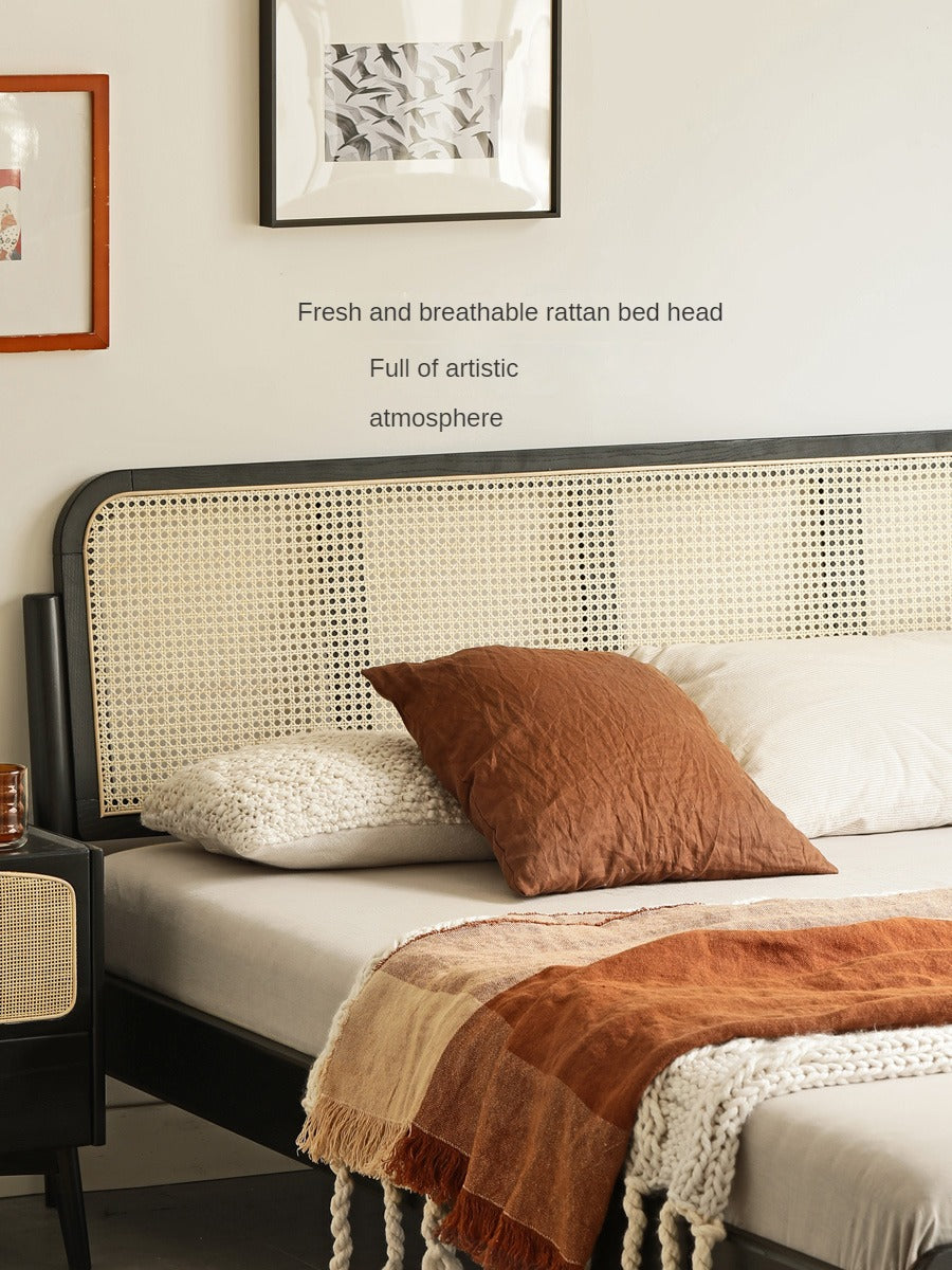 Oak Solid Wood Black Rattan bed