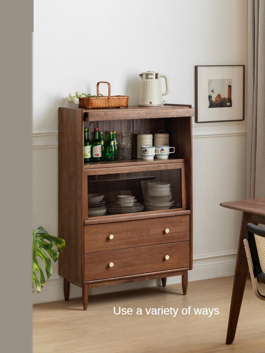 Sandalwood, Black Walnut, Oak Solid Wood Side Cabinet Flip Door LED Lights