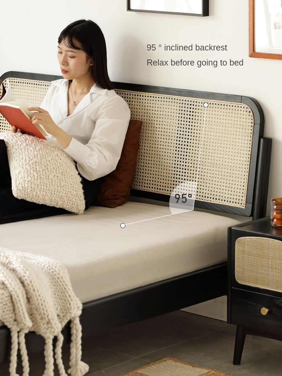 Oak Solid Wood Black Rattan bed