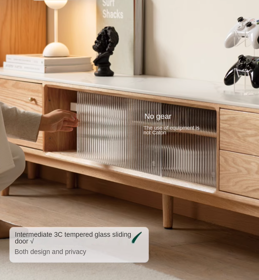 Oak, Poplar, Beech Solid Wood Sliding Door TV Stand With Rock Slab Surface.