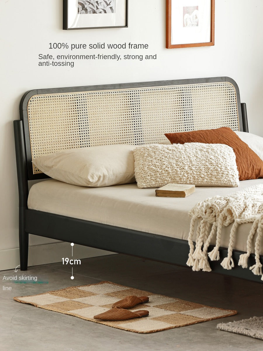 Oak Solid Wood Black Rattan bed