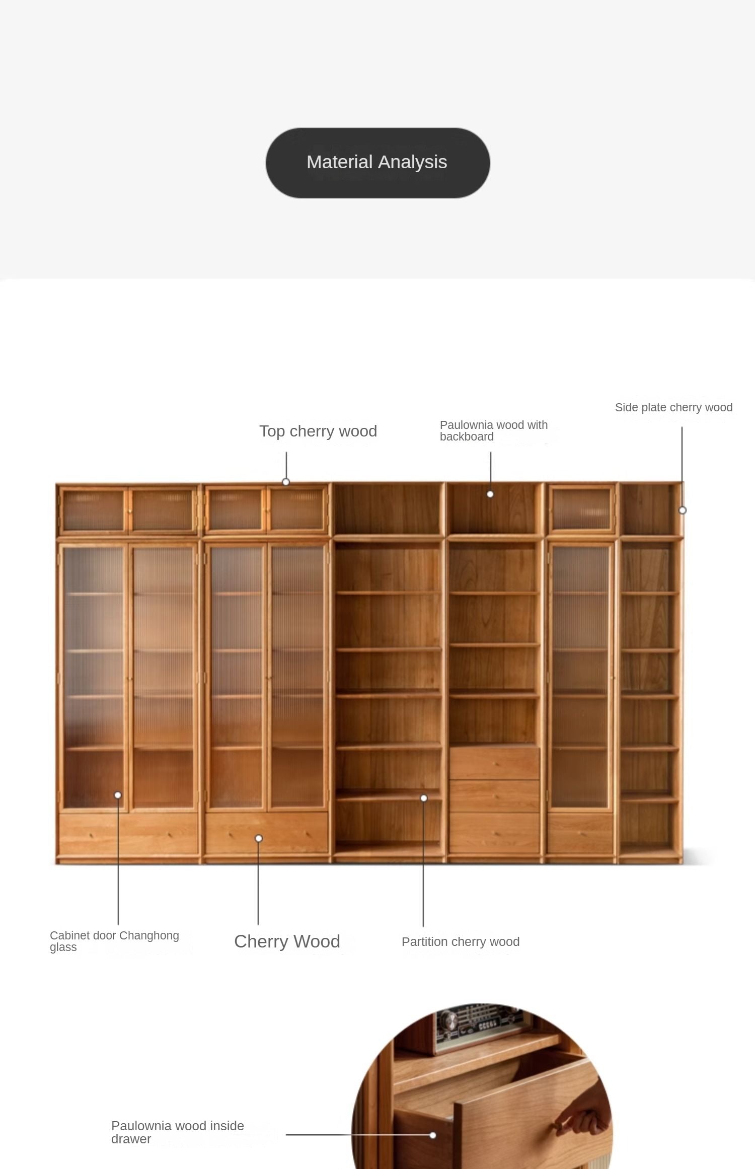 Cherry Wood Combination Bookcase Floor Shelf Glass Door Bookcase
