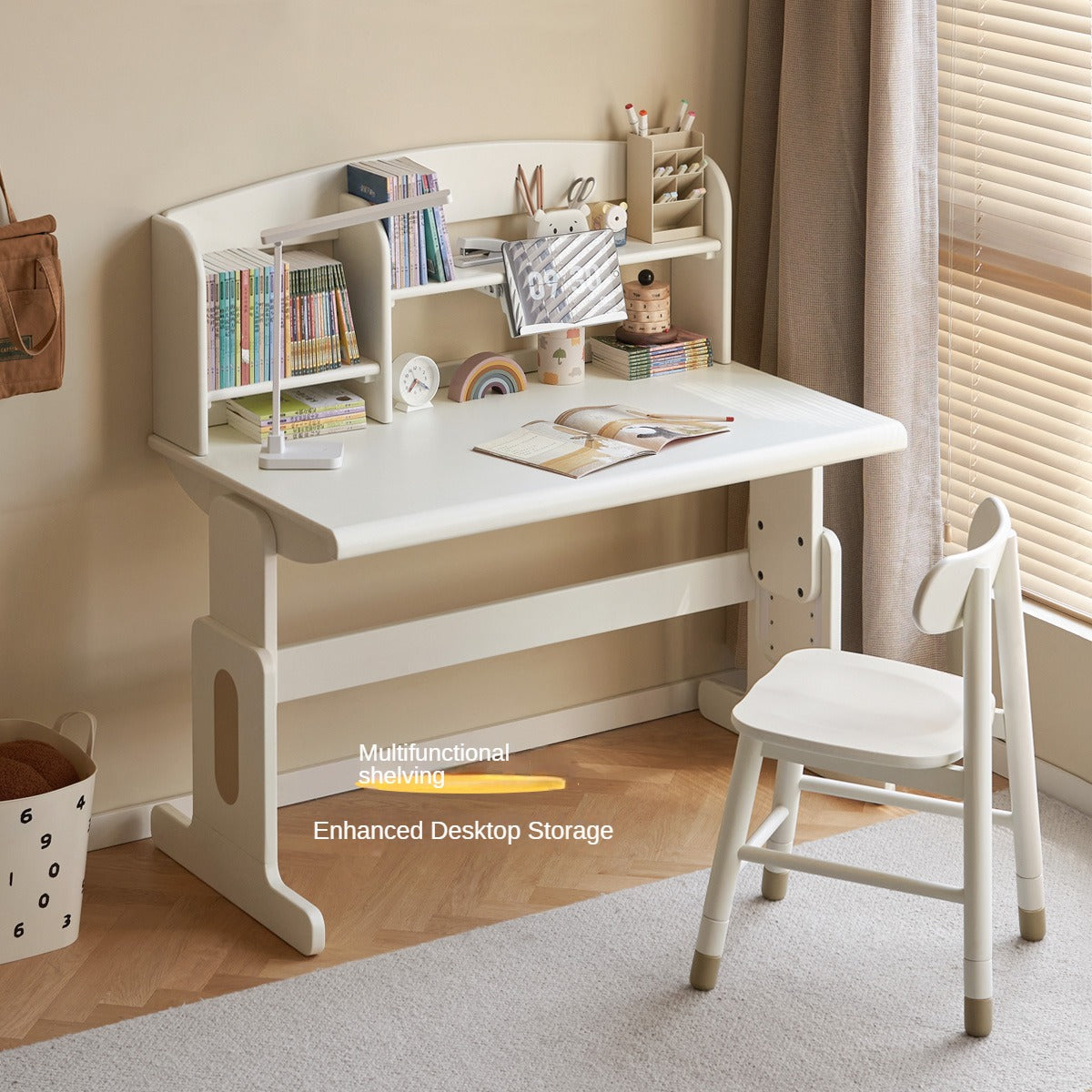 Beech Solid Wood Lift Study Desk Adjustable White Children's Desk