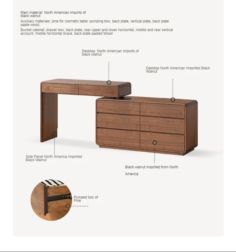 Black Walnut, Sandalwood Solid Wood Vanity Table Chest Of Drawers.