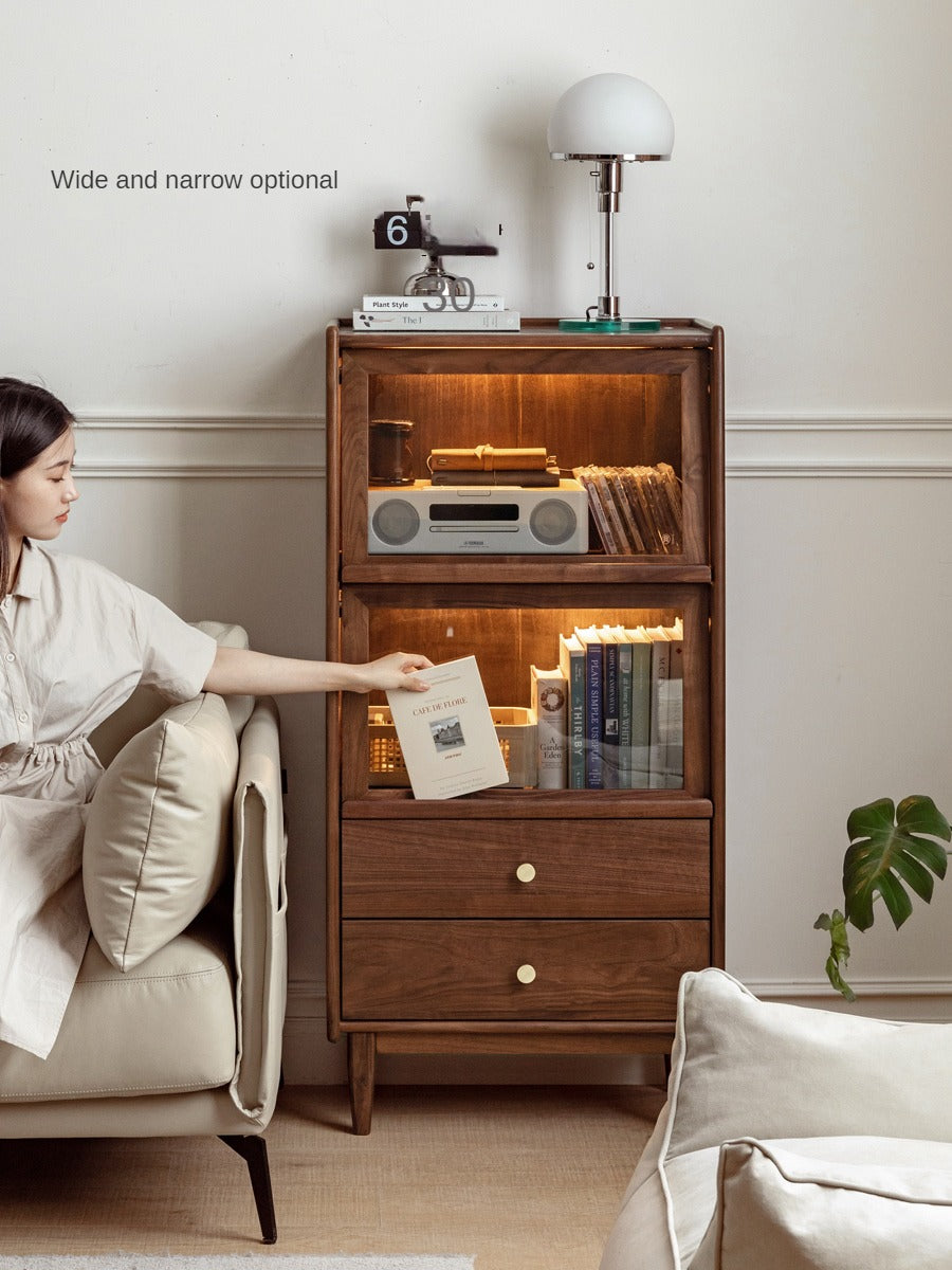 Sandalwood, Black Walnut, Oak Solid Wood Side Cabinet Flip Door LED Lights