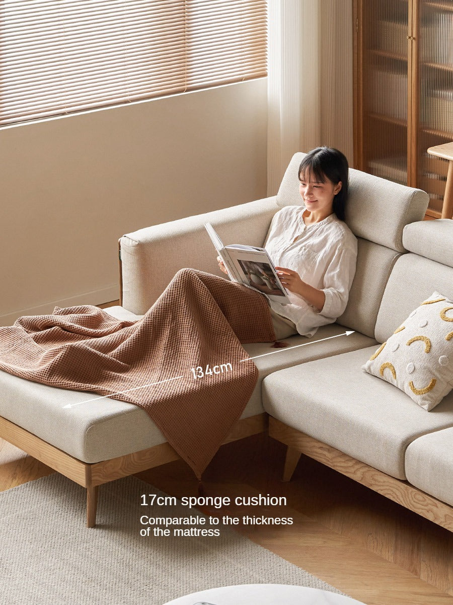 Ash Solid Wood L-Shaped Fabric Sofa with Adjustable Headrests