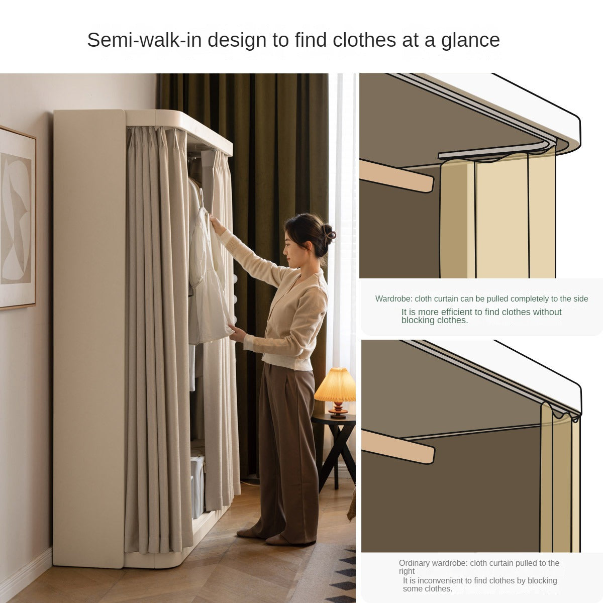 Poplar Solid Wood White Cream Walk-in Curtain Wardrobe.