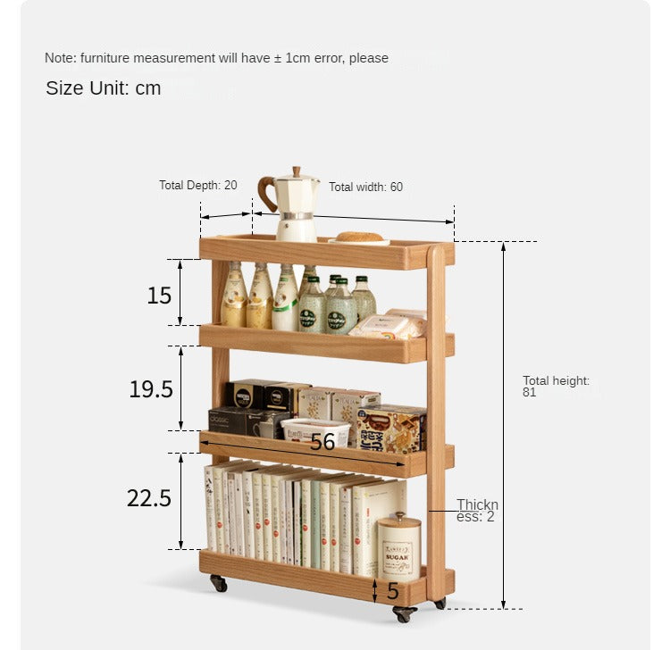 Oak Solid Wood Mobile Storage Rack Cart Ultra Narrow