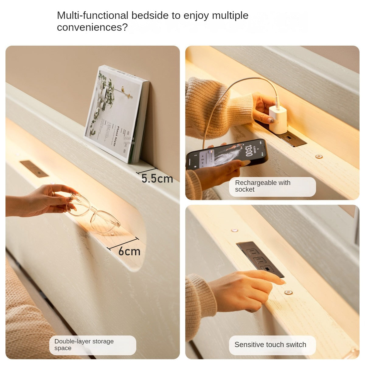 Oak Solid Wood Bed Cream Suspension Bed Luminous