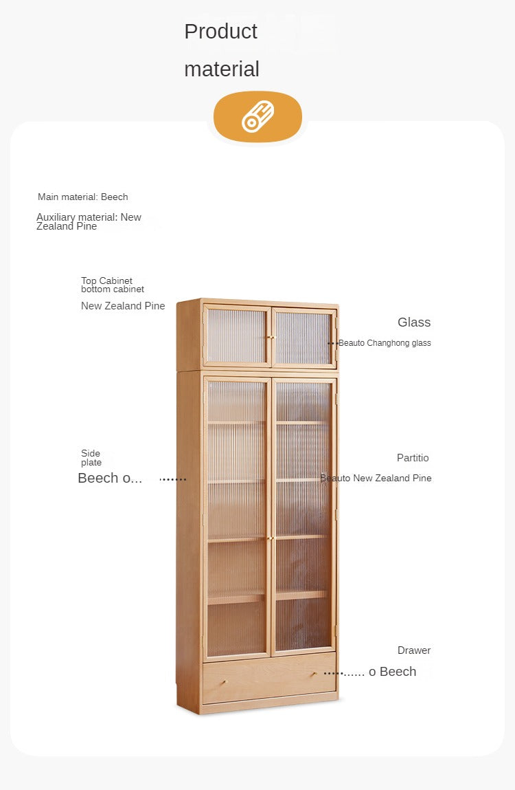 Beech European Solid Wood Bookshelf, Glass Door Storage Display Cabinet