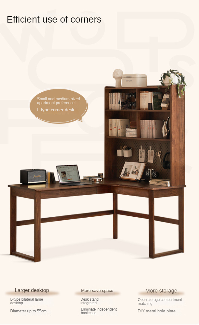 Oak Solid Wood Corner Desk Bookshelf
