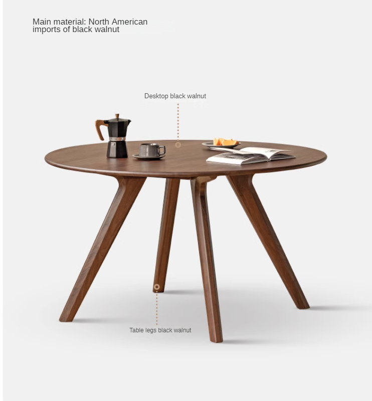 Black Walnut Solid Wood Retro Round Dining Table.