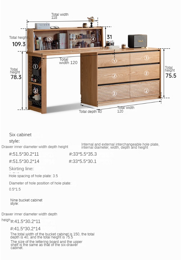 Oak, Ash Solid Wood Modern Telescopic Vanity Table.
