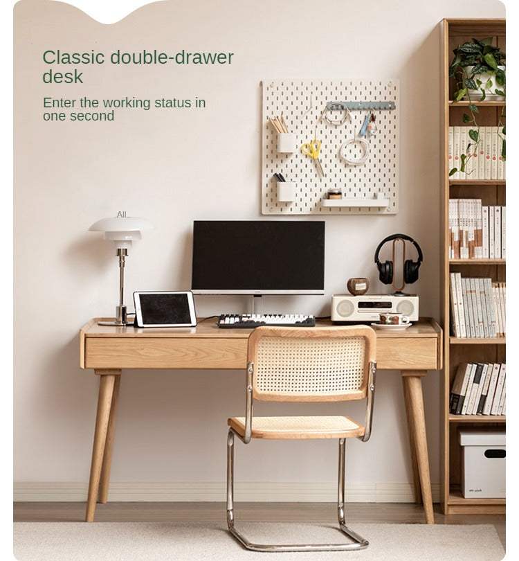 Ash Solid Wood Retractable Desk with Cabinet, Home Office