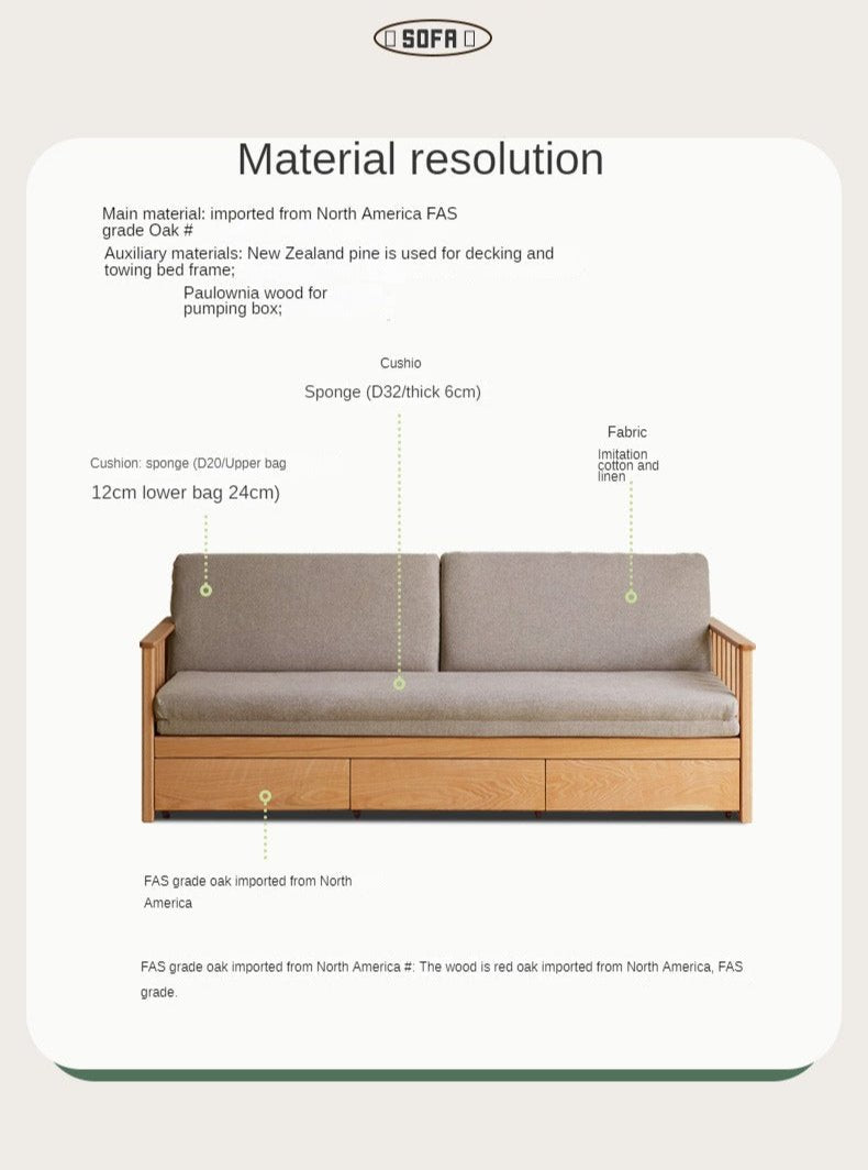 Oak Solid Wood Sitting and Sleeping Dual-purpose Storage Sofa.