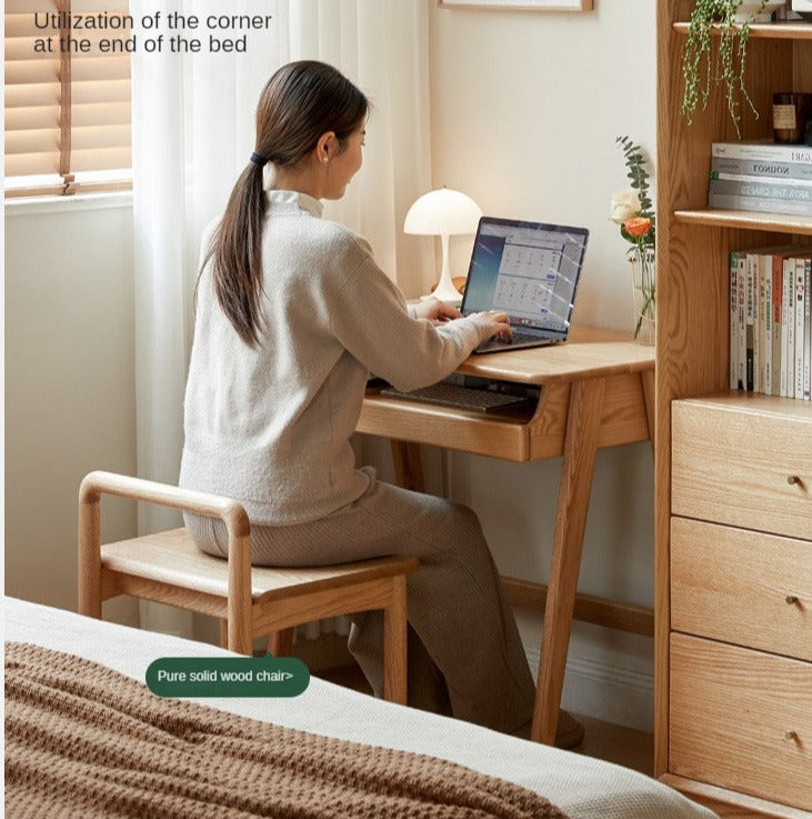Oak, Solid Rubberwood Narrow Study Desk with Drawers