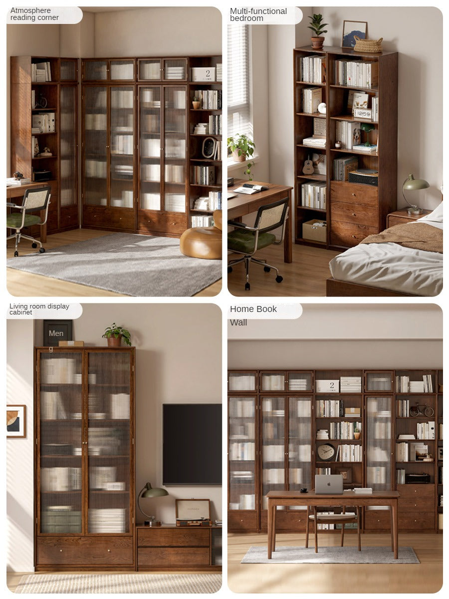 Oak, Ash Solid Wood Modular Bookcase with Glass Doors