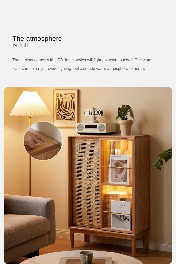 Oak Solid Wood Sliding Door Storage LED lights, Side Cabinet