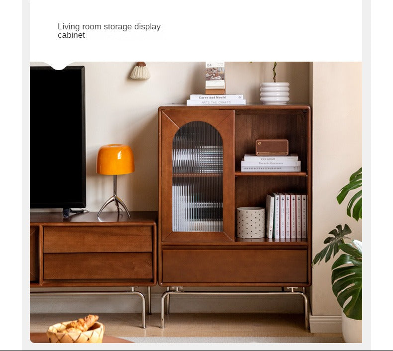 Black Walnut, Tulipwood Solid Wood Display Cabinet with Arched Fluted Glass Door, LED Light and Metal Legs