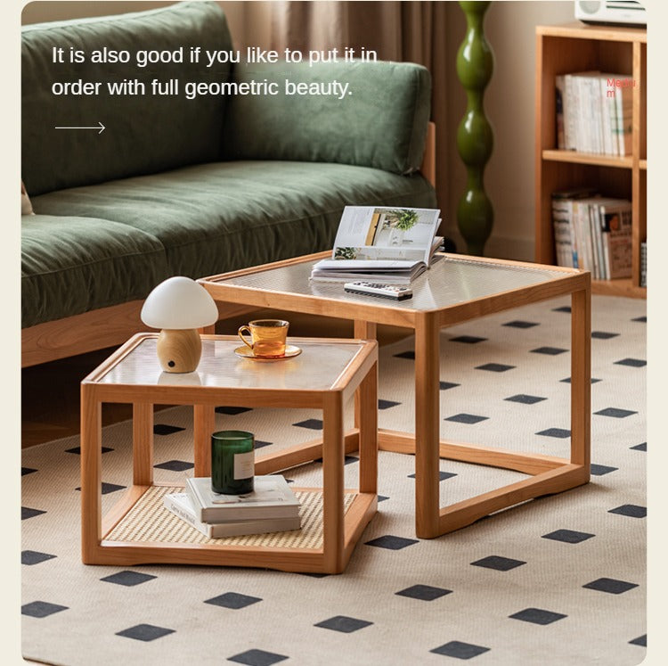 Cherry Solid Wood Square Retro Rattan Coffee Table