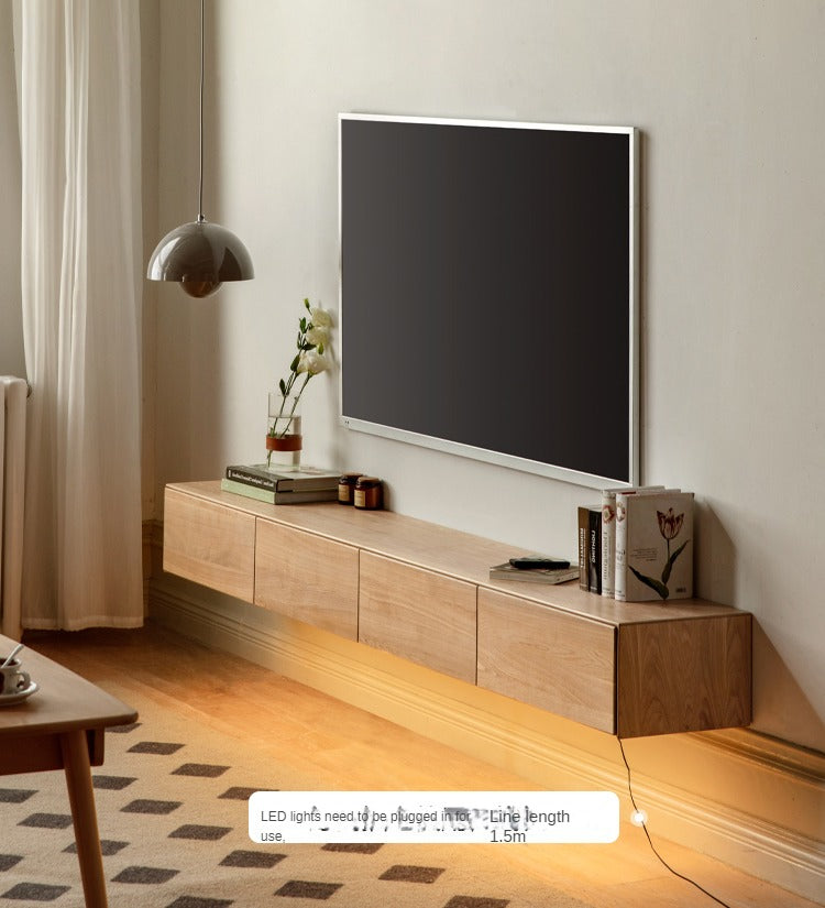 Oak Solid Wood TV Cabinet Hanging LED Lights.